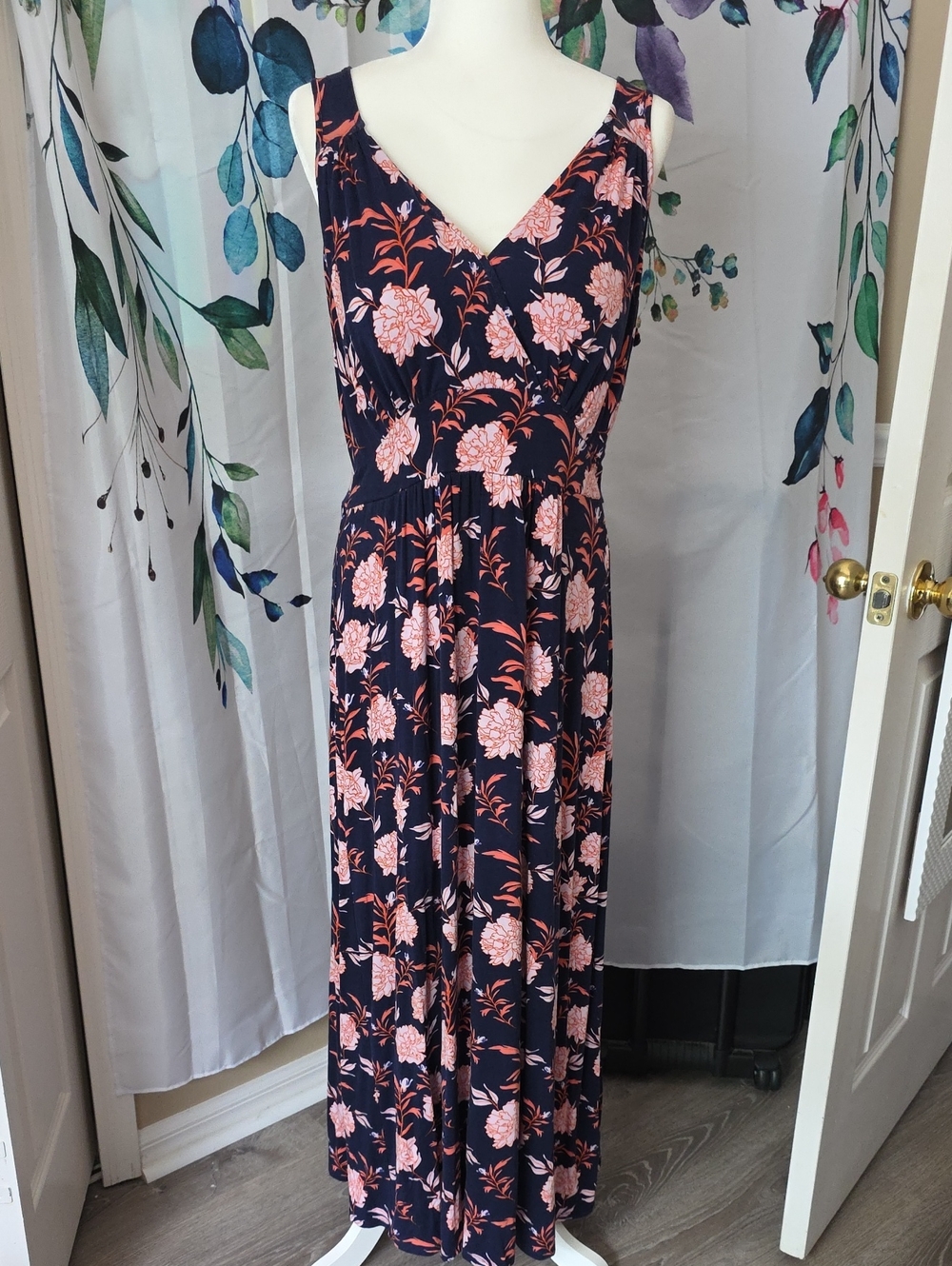Navy Maxi Dress with Pink Floral Print